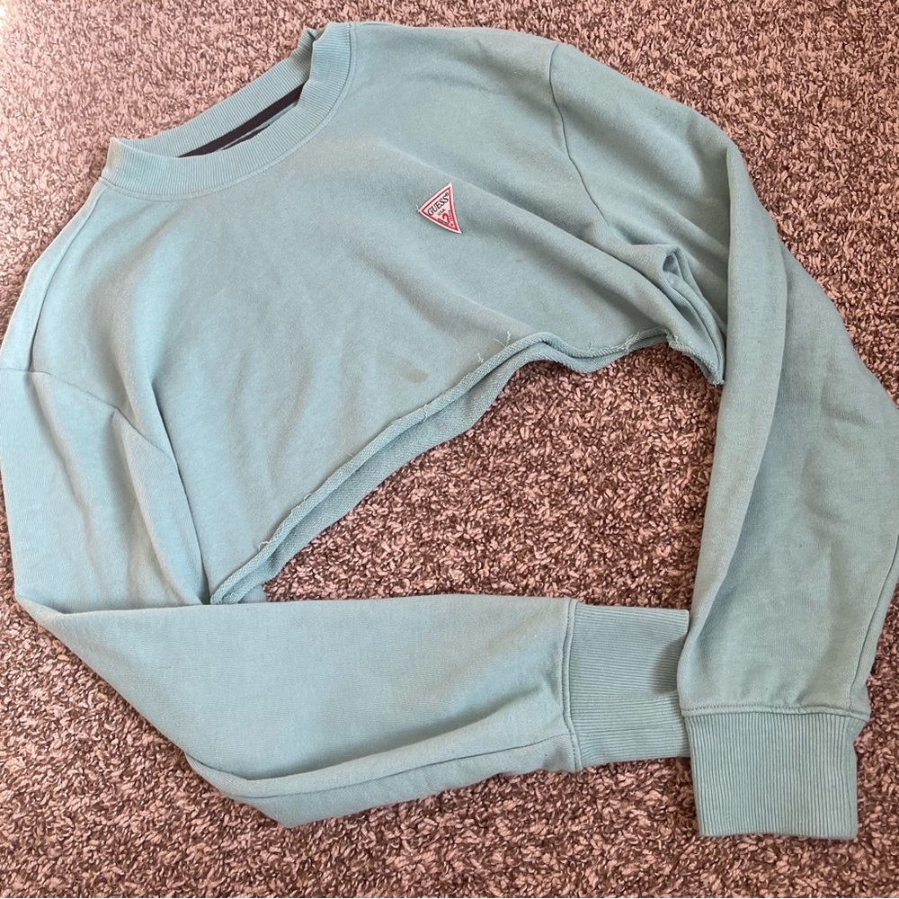 Turquoise Guess Crop Crew Neck Sweater